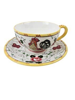 UCAGCO Early Provincial Hand Painted Rooster Rose Cup Saucer Set Japan Vintage